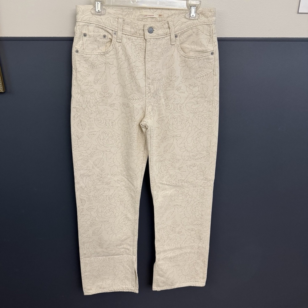 Women's Ganni White Floral Print Denim Loose Straight Jeans‎ Waist 25 (30x30)
